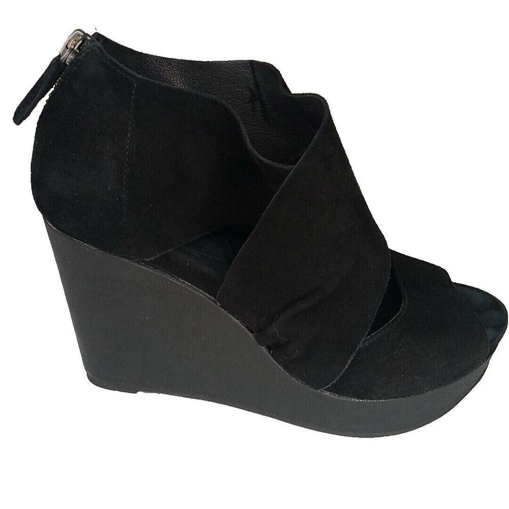 Eileen Fisher 6 Wedge Sandals Draped Sueded Leather Wedge Heel Black Zip Back